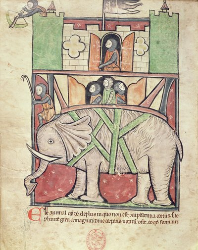 Ms 22 f.26v Słoń niosący howdah pełen żołnierzy, z Bestiariusza Opactwa Westminsterskiego, ok. 1270-90 autorstwa English School